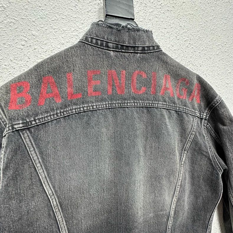 Balenciaga size 34 Red printed Logo washed grey denim jack