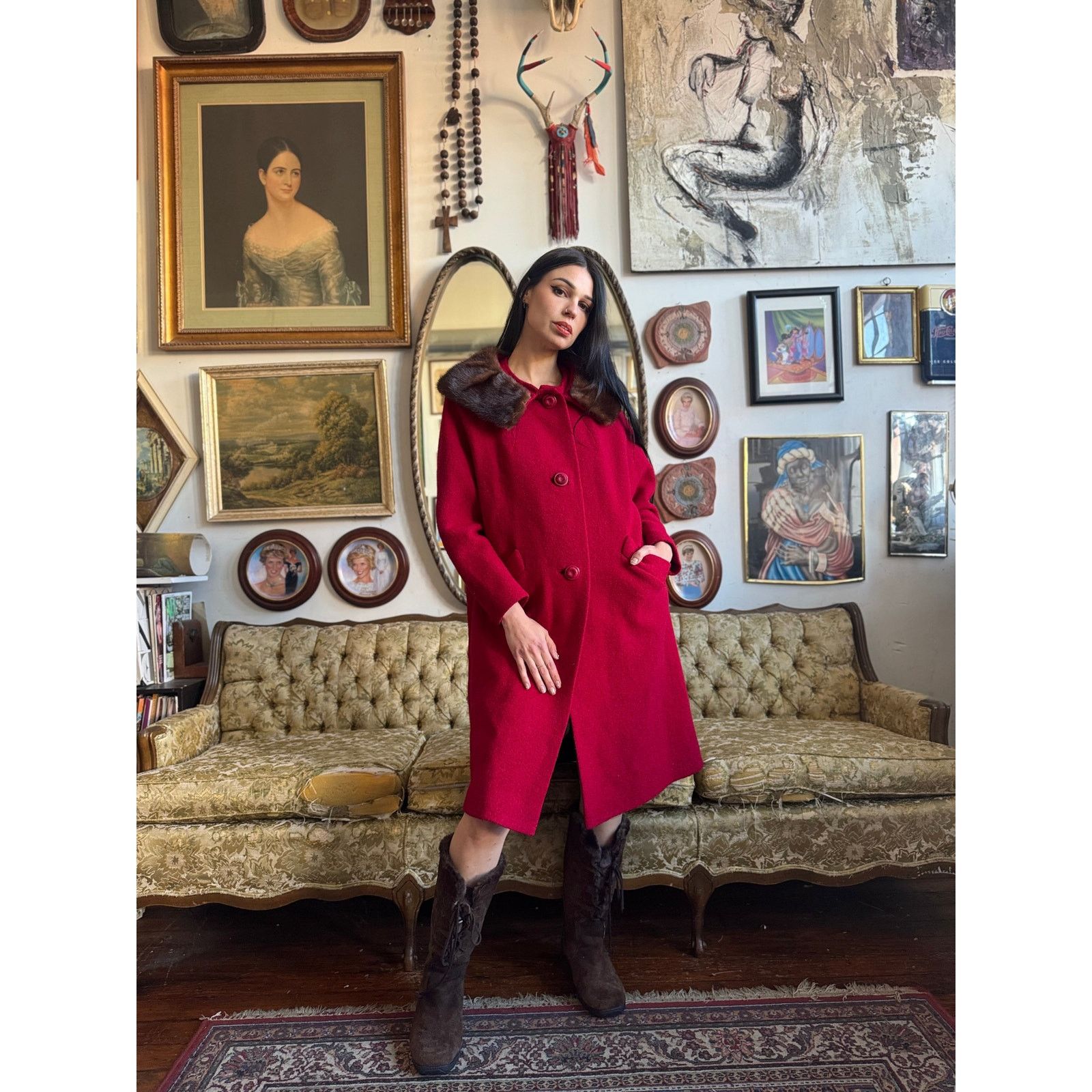 Vintage 50s Stevens Hockanum Topaz Red Genuine Fur Collar Coat Large Size L / US 10 / IT 46 - 1 Thumbnail