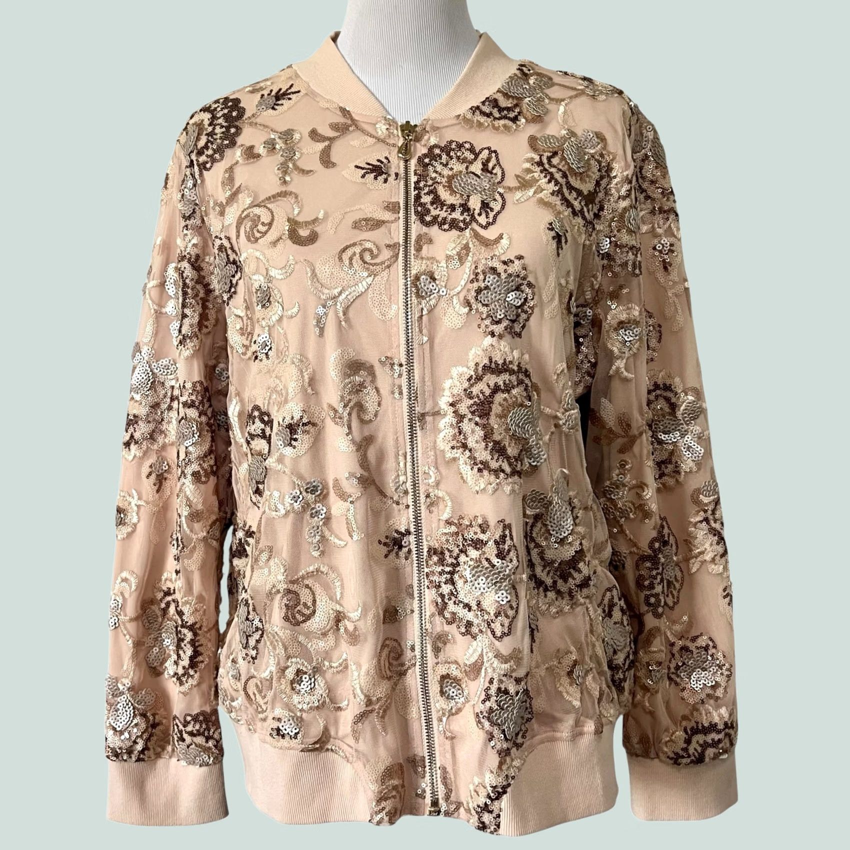 Vintage Chico’s Black Label Sequin Lace Bomber Jacket Floral Peachy Pink Size 2 US 12/14 Jacket Womens Bomber Pink Sequin Lace 12/14 US 2 Size L / US 10 / IT 46 - 1 Thumbnail