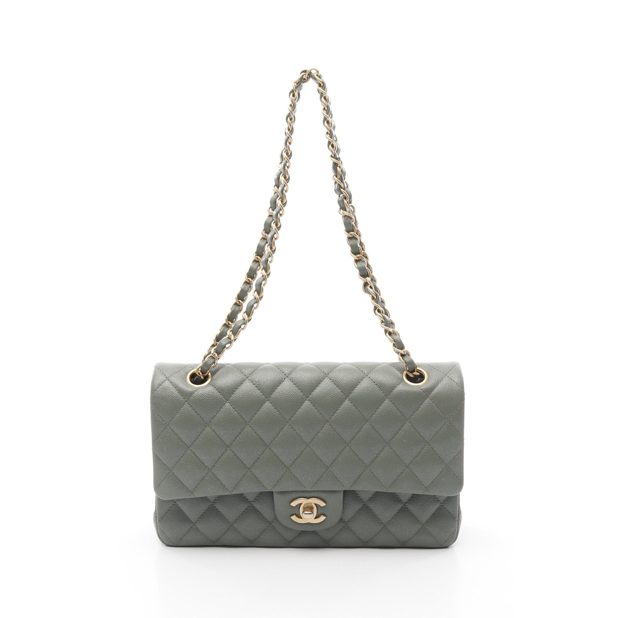 Chanel Matelasse Double Flap Chain Shoulder Bag Caviar Skin Light Green Gold Hardware, Women's