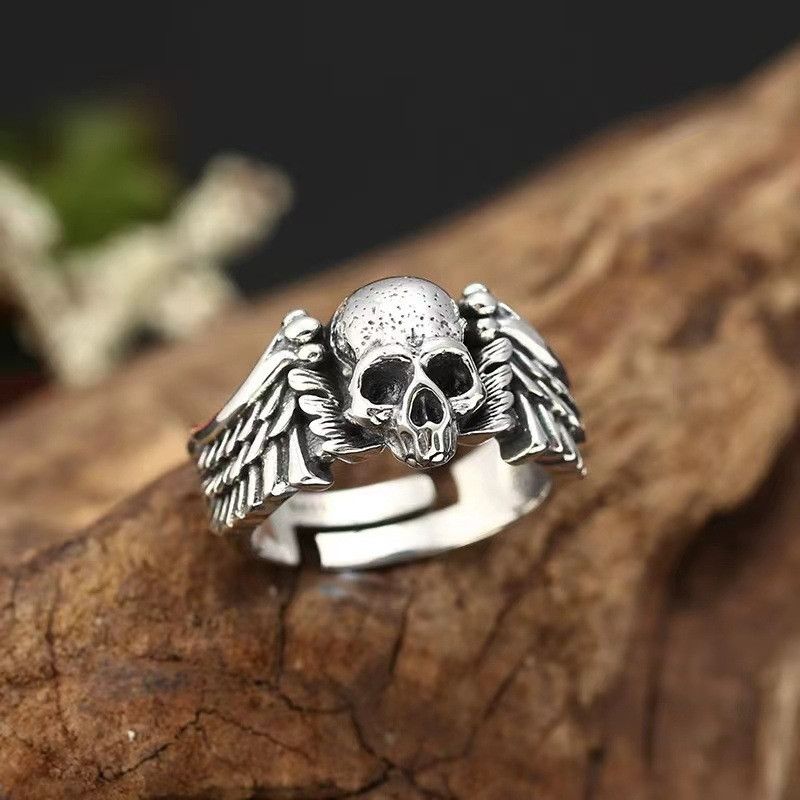 Vintage Resizable Retro Punk Devil Angel Wings Skull Ring Size ONE SIZE - 1 Thumbnail