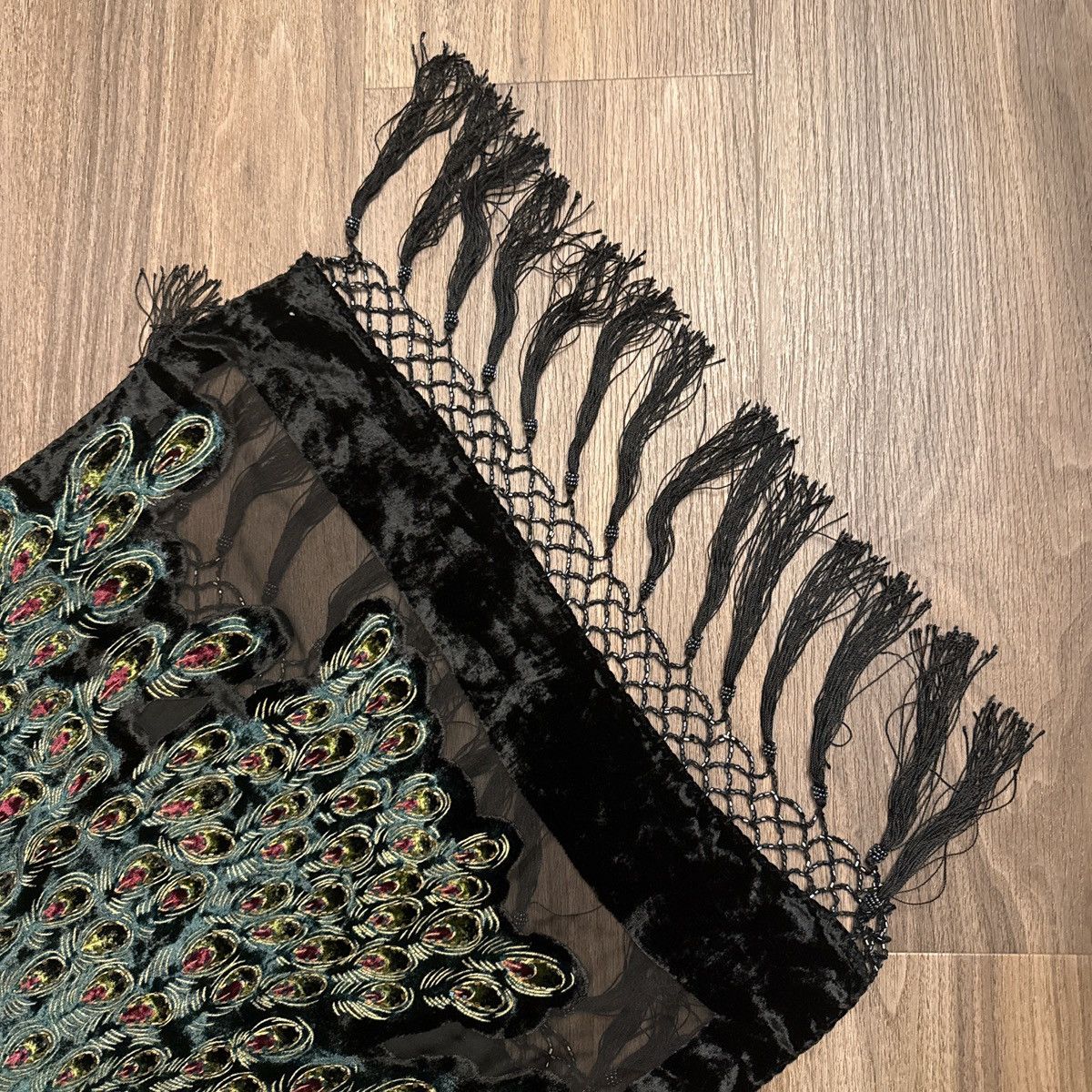 Vintage 100% silk, large fringe peacock, embroidered scarf Size ONE SIZE - 4 Thumbnail
