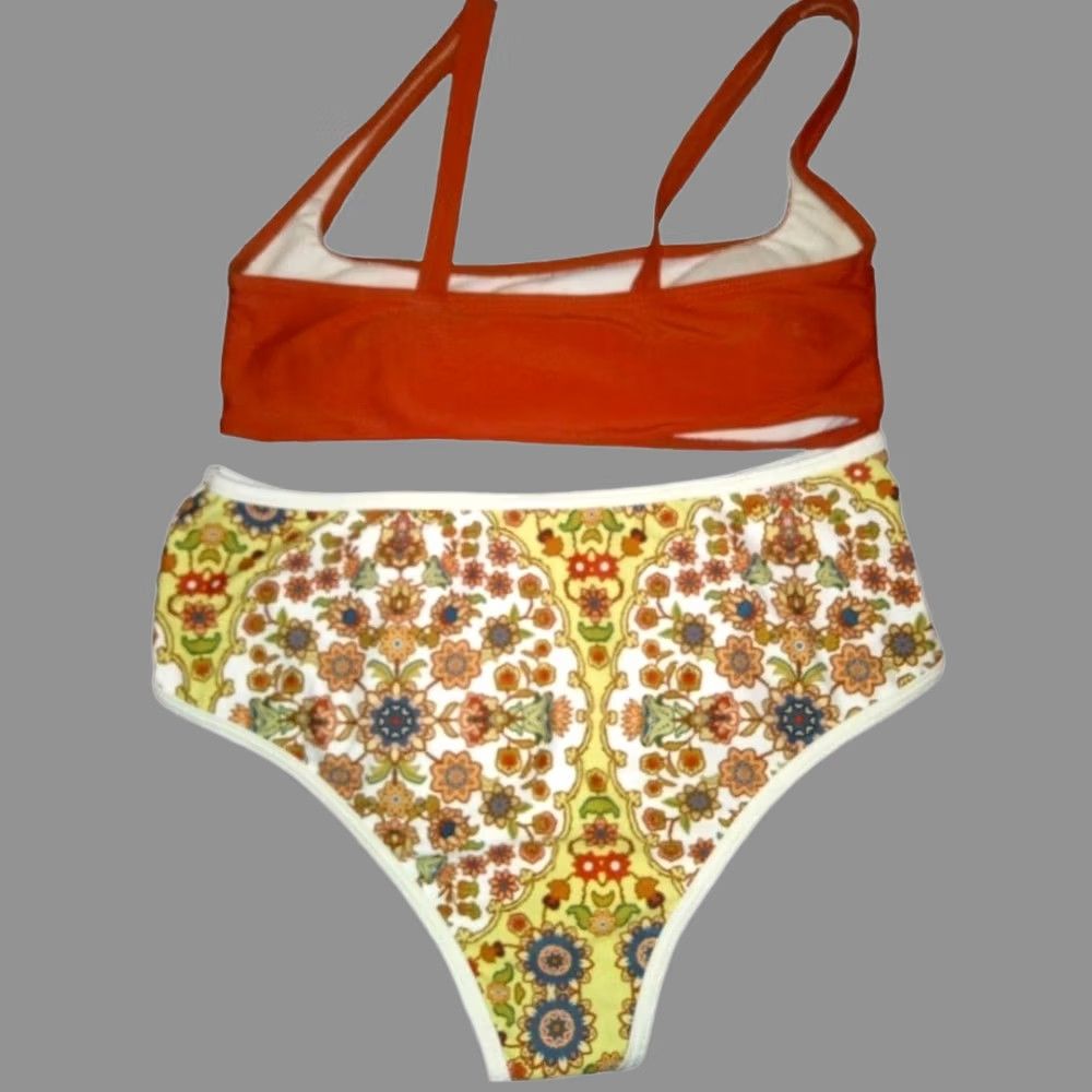 Shein SheIn Floral Bikini Set - 2 Piece - Top M Bottom L - Orange Swimwear - High-Waisted - Women - Regular Size 32" / US 10 / IT 46 - 1 Thumbnail