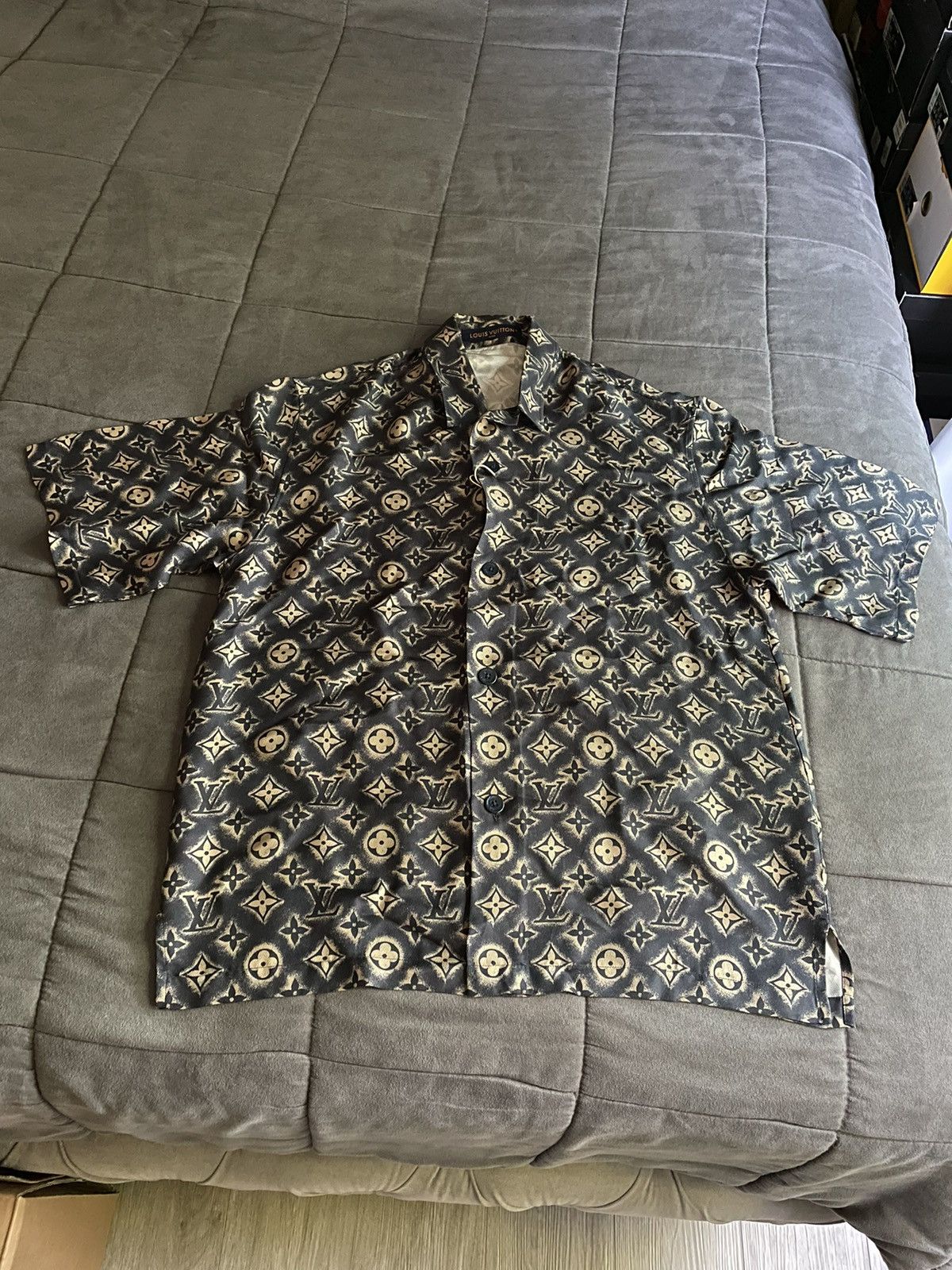 image of Louis Vuitton Sand Monogram Silk Shirt in Navy, Men's (Size Medium)