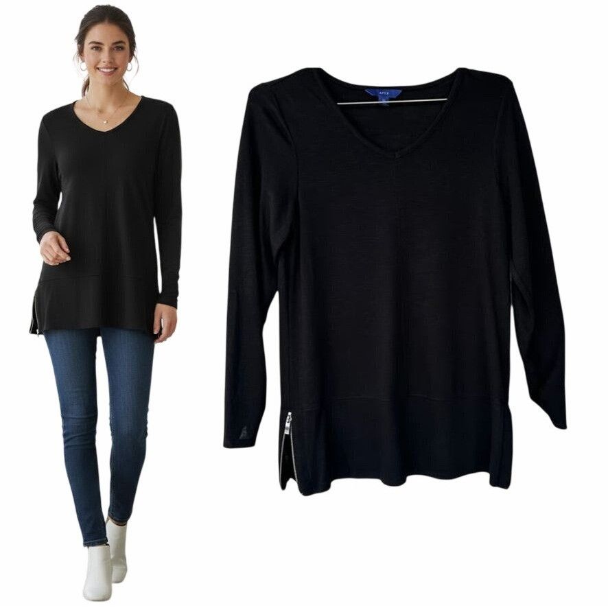 Apt. 9 Women Knit Top APT 9 Sz XS Black Ruched Long Sleeve V-neck S Size S / US 4 / IT 40 - 1 Thumbnail
