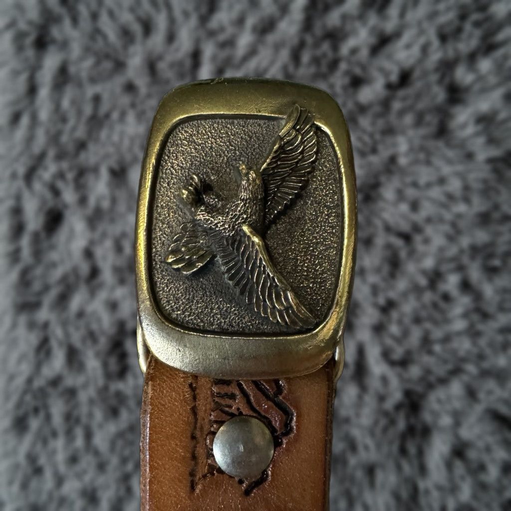 VINTAGE MM Limited Chicago Leather Belt Buckle 38.5" Hand-Tooled Wildlife Men Western 80s Eagle Buckle - Brown