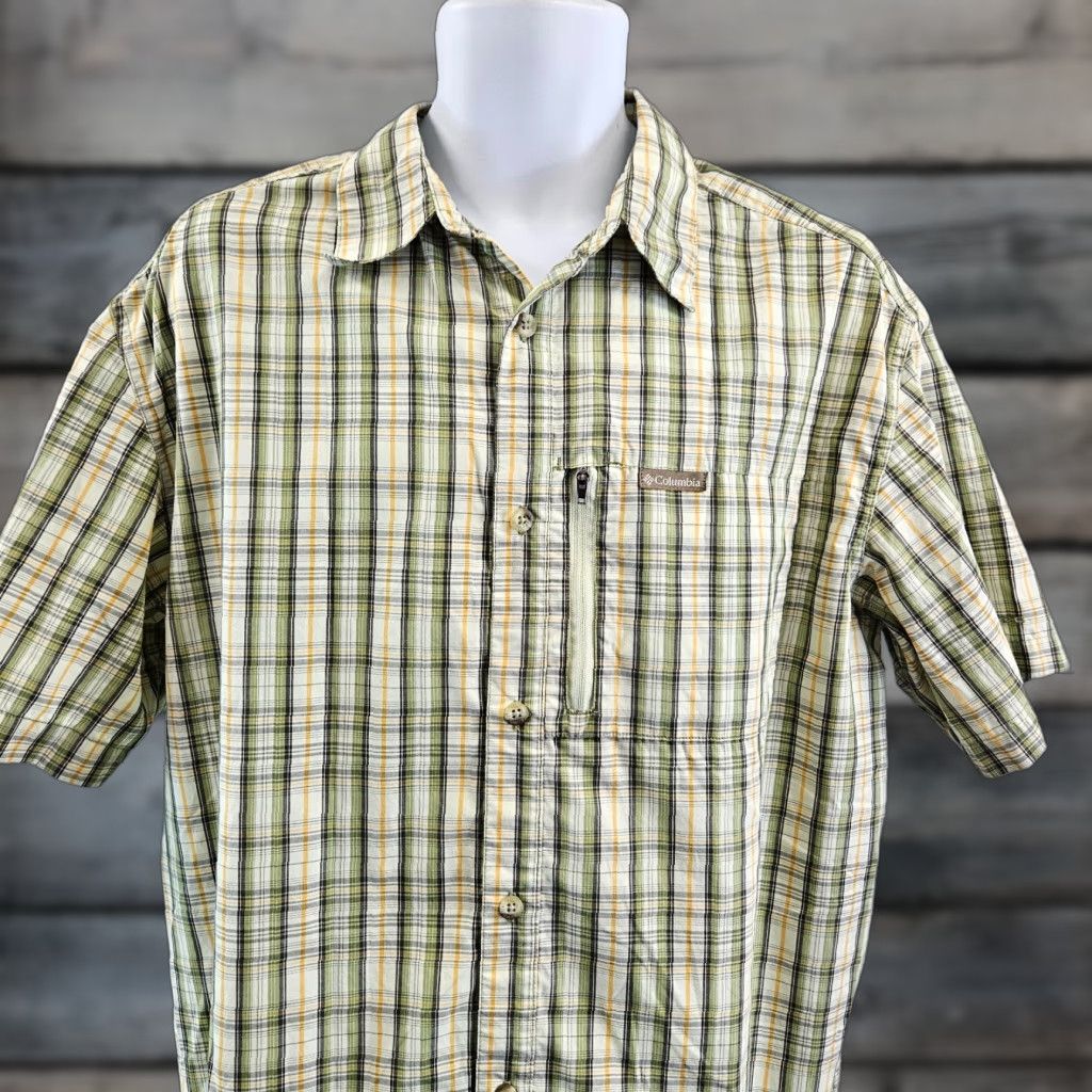 Vintage Columbia Button Front Shirt Mens Large Plaid Short Sleeve Green Yellow Vented Size US 33 - 1 Thumbnail