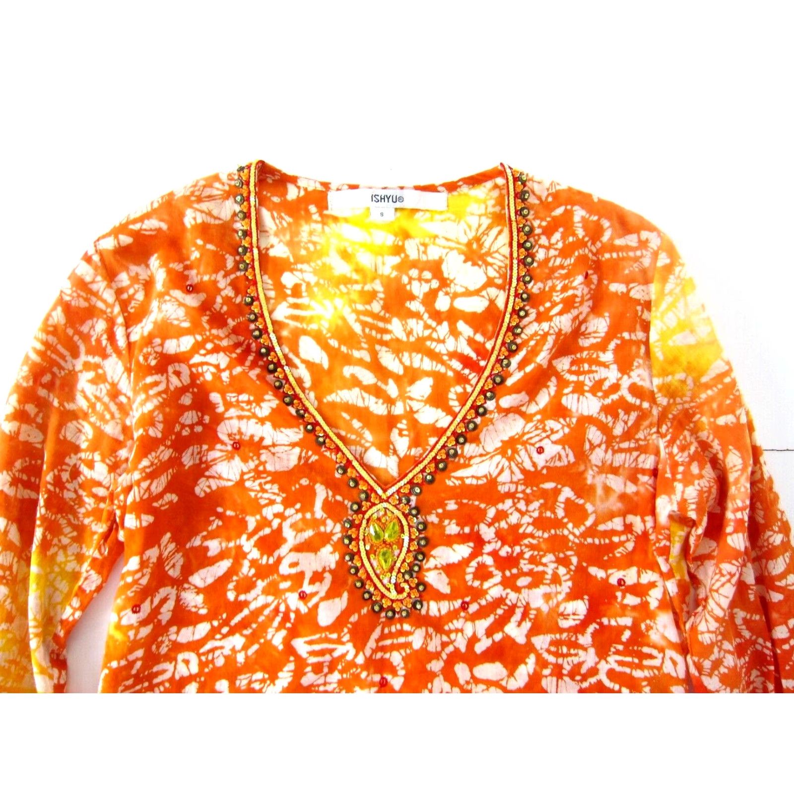 Vintage ISHYU Cotton Orange Yellow Tie Dye Beaded Long Sleeve Tunic Blouse Small Size S / US 4 / IT 40 - 5 Thumbnail