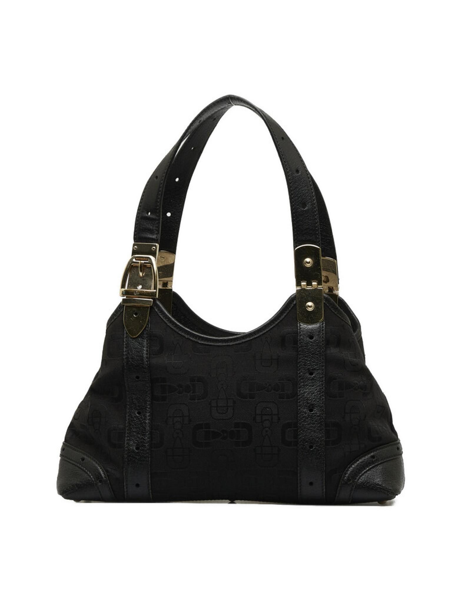 image of Gucci Canvas Horsebit Shoulder Bag In Black - Ab Condition, Women's