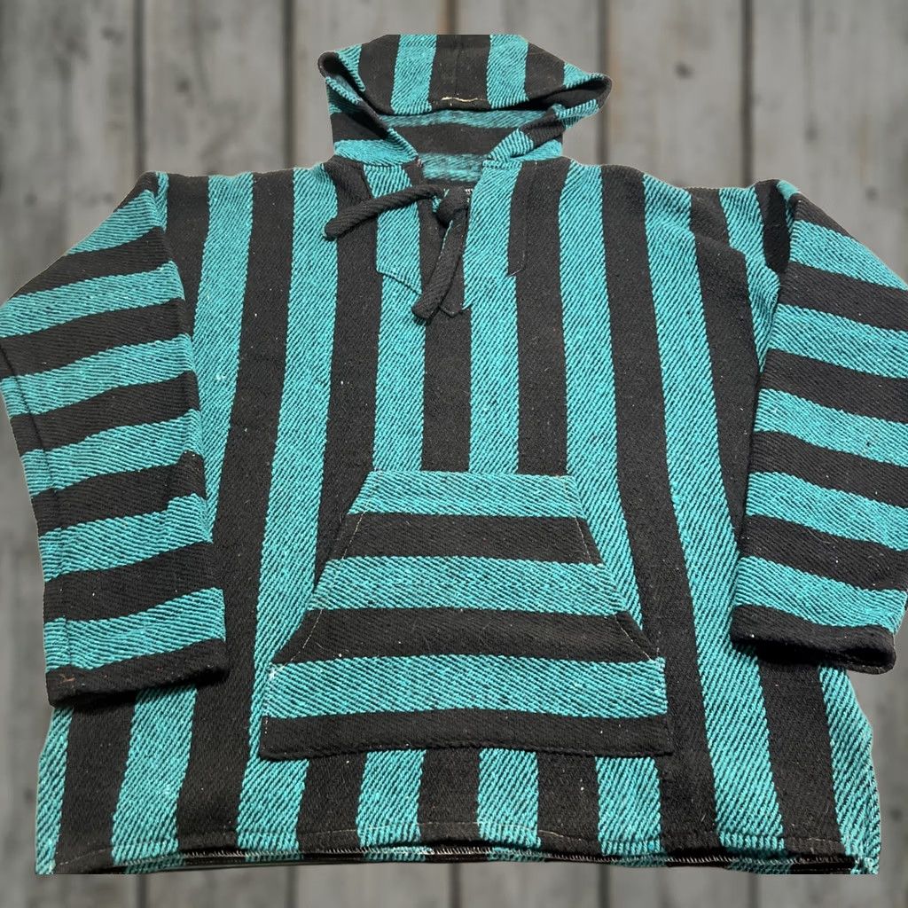 Altea VINTAGE Arti-Lana Hoodie Men XL Pullover Black Teal Striped Beach Hippie Pockets Geometric Tweed Wool Blend Size US XL / EU 56 / 4 - 1 Thumbnail