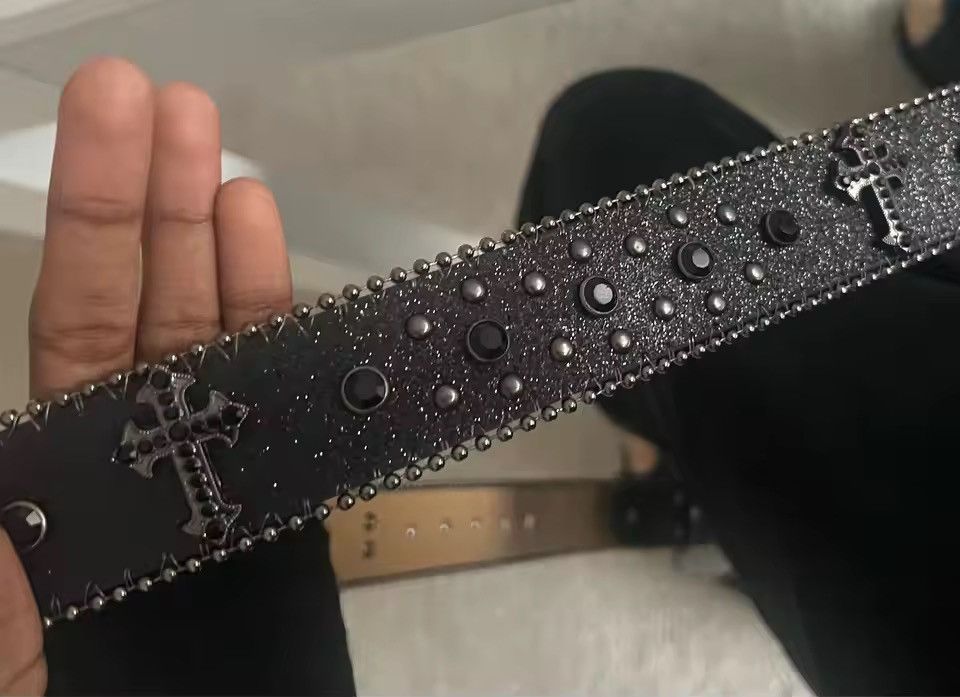 Japanese Brand Black Cross Rivet 115 cm Belt Engraved Buckle Rhinestone Size ONE SIZE - 2 Thumbnail