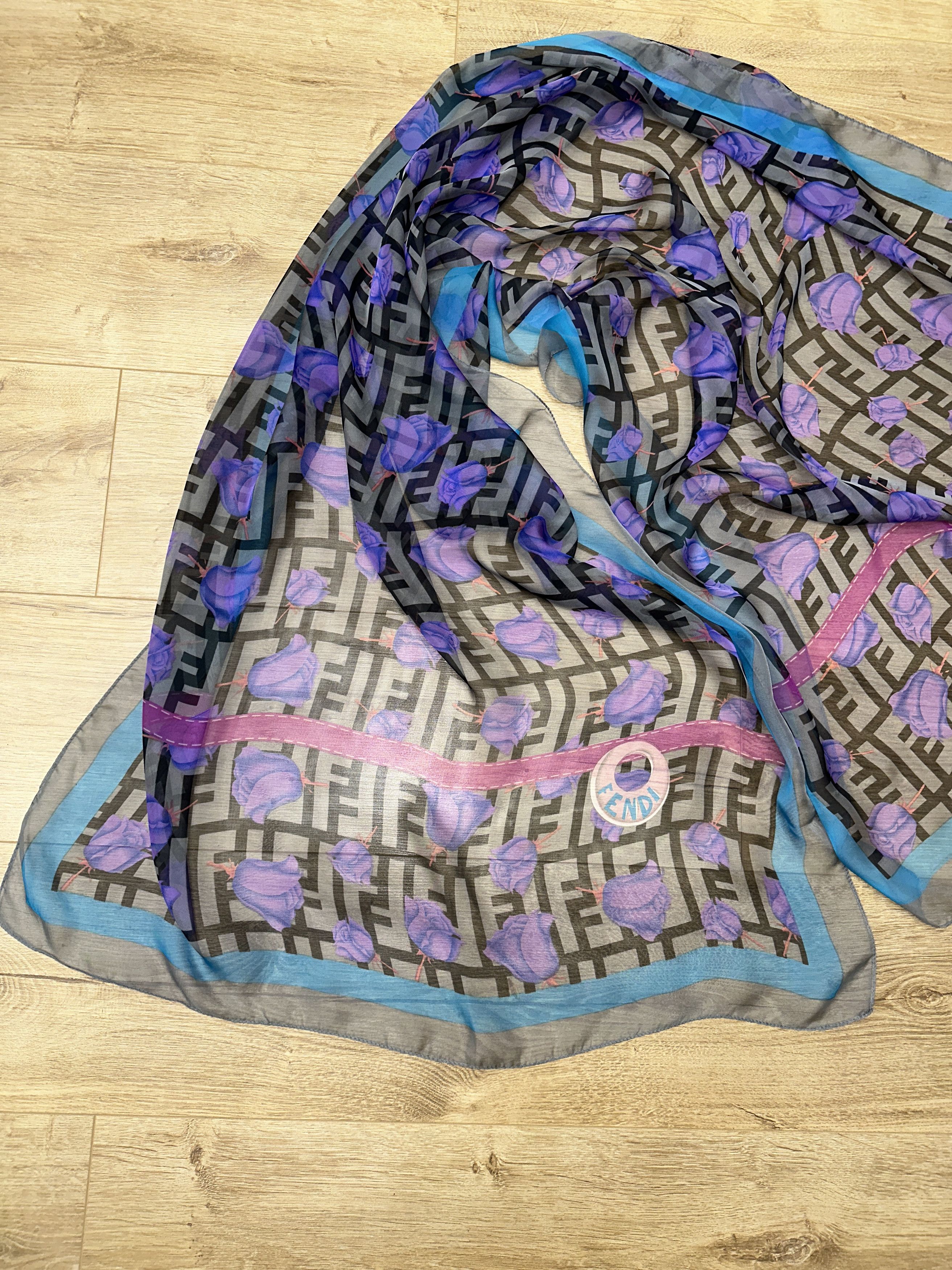 Fendi Fendi FF Logo Purple Floral Sheer Silk Scarf Large 170x72cm Size ONE SIZE - 7 Thumbnail
