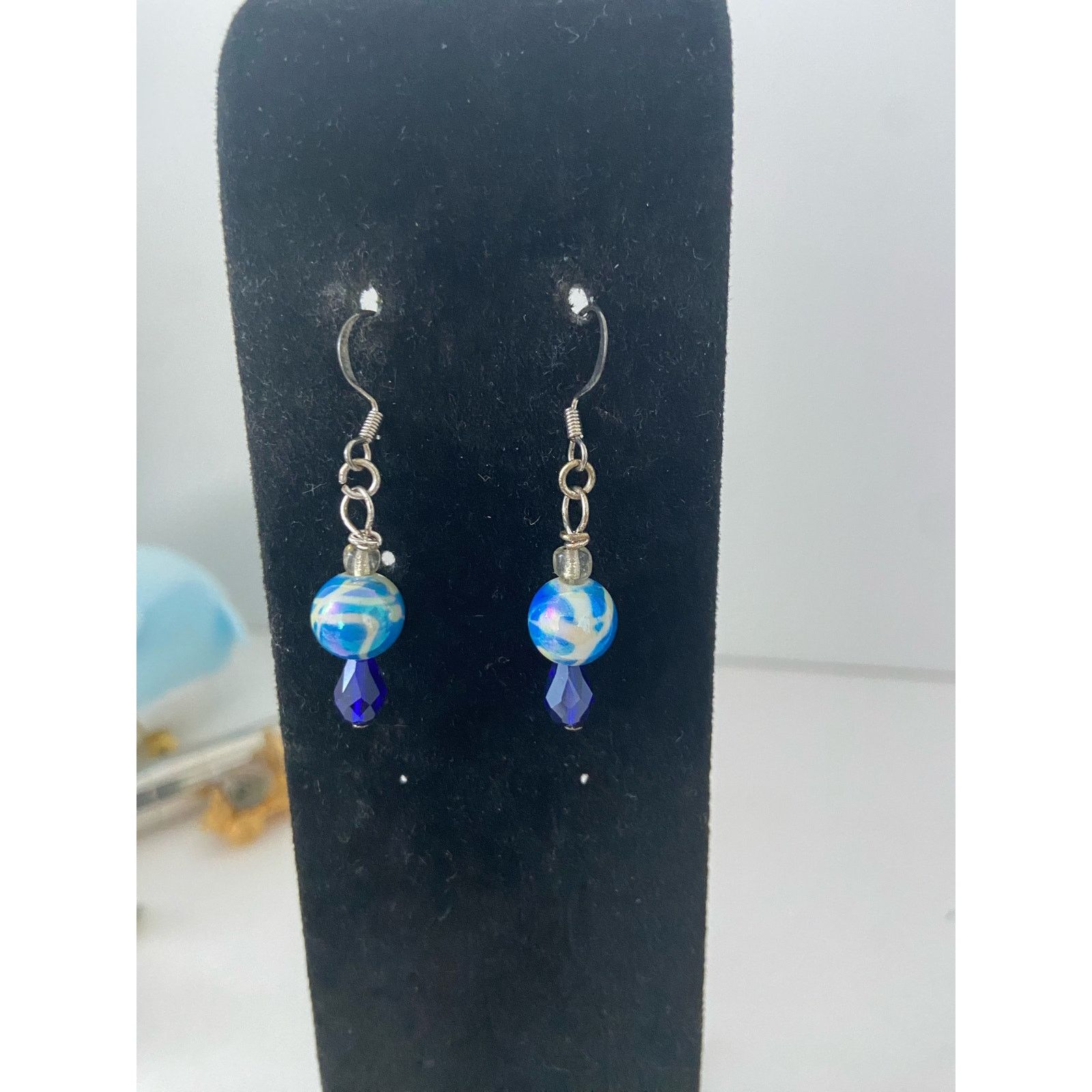 Handmade blue and white bead earrings Size ONE SIZE - 1 Thumbnail