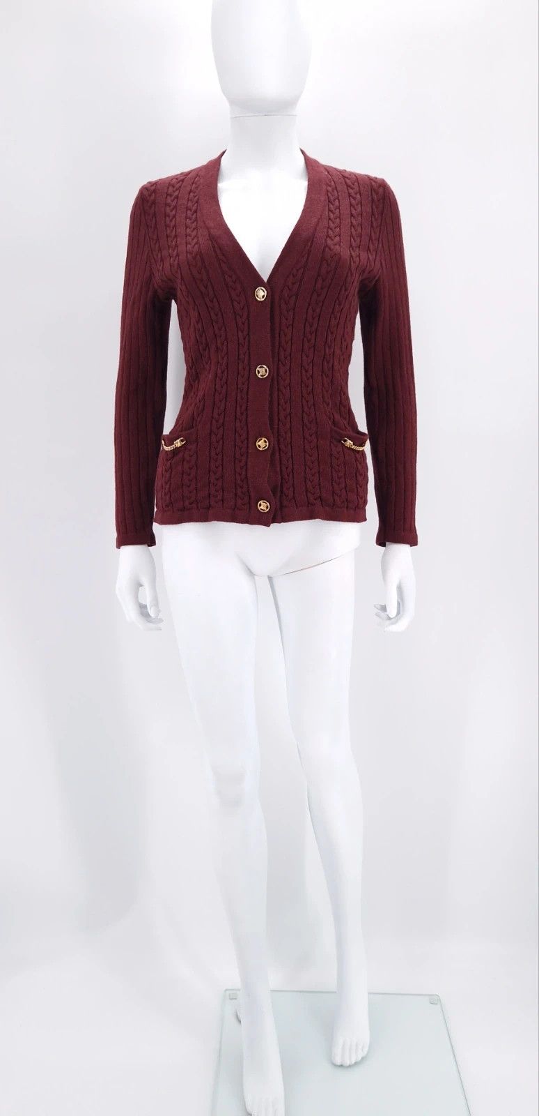 Celine Celine Cable Knit Wool Cardigan in Deep Burgundy Size M / US 6-8 / IT 42-44 - 5 Thumbnail