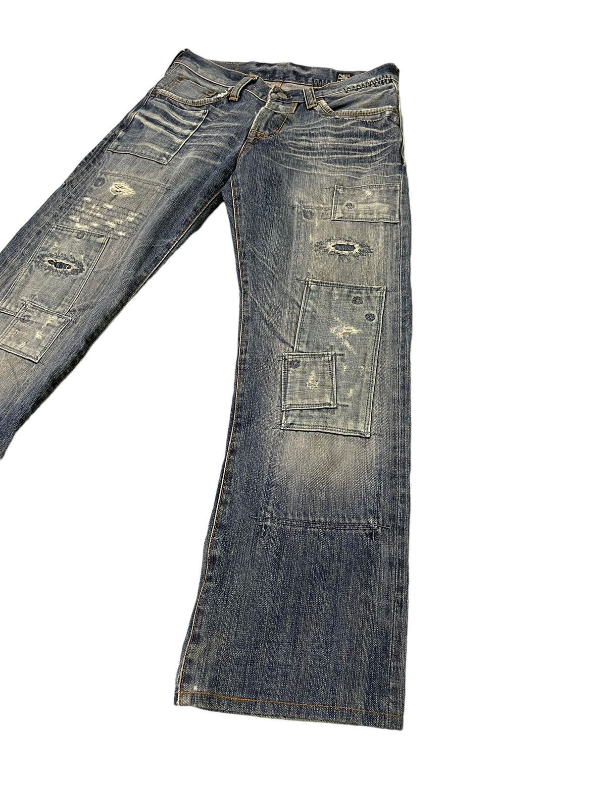 Japanese Brand Boro Jeans Bartacks Japan Patchwork Denim Cropped 7🟦9 Size US 29 - 3 Thumbnail