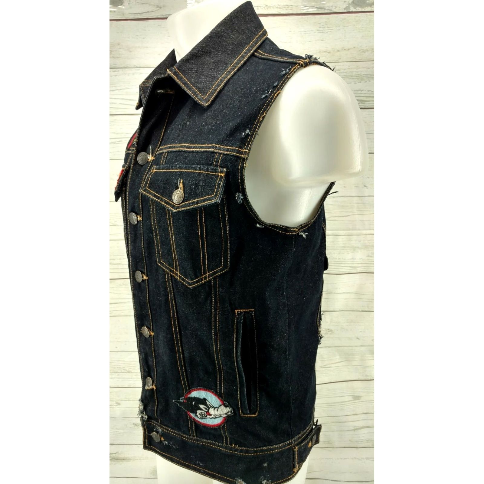 Born Born Fly Blue Denim Distressed Patch Pockets Jean Vest Men's Medium Size US 31 - 4 Thumbnail