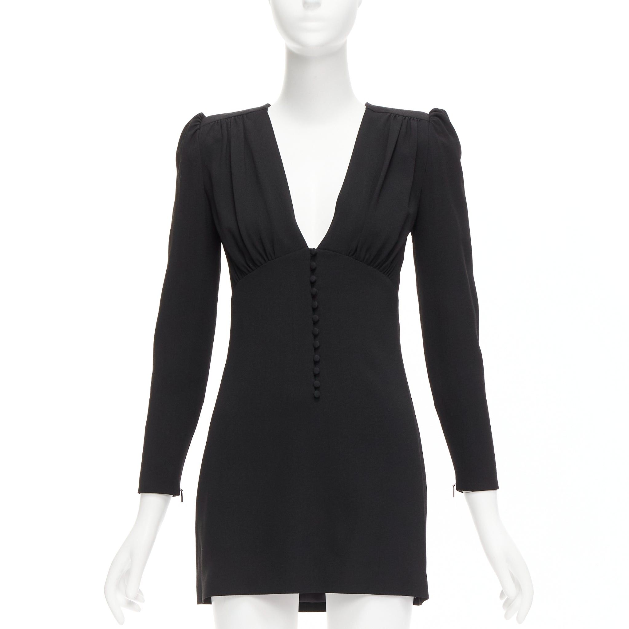 Saint Laurent Paris SAINT LAURENT 2022 black deep V neck wrapped buttons mini dress FR34 XS Size XS / US 0-2 / IT 36-38 - 1 Thumbnail