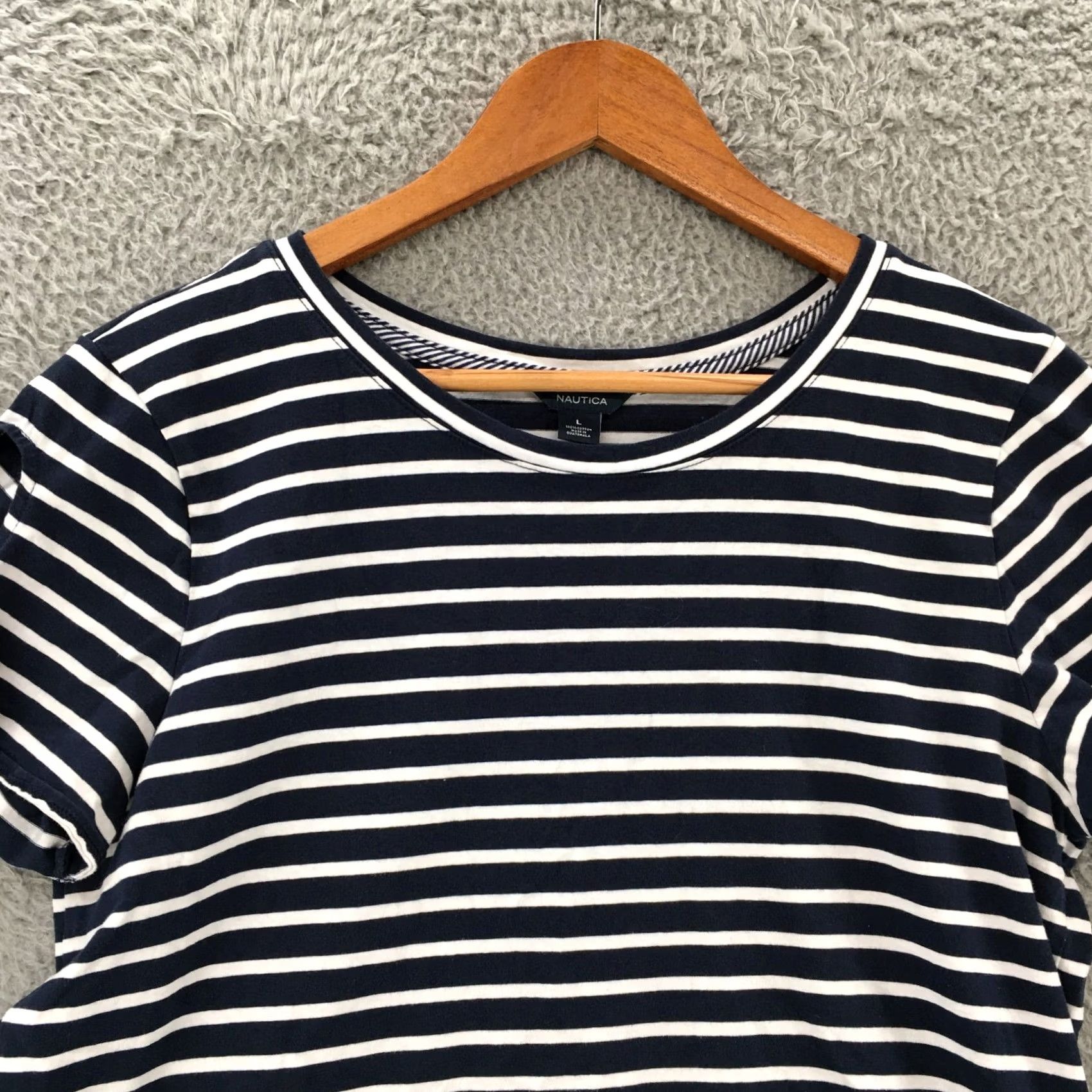 Nautica Nautica Tie Sleeve Blouse Top Womens L Blue Cotton Striped Round Neck Pullover Size L / US 10 / IT 46 - 2 Thumbnail