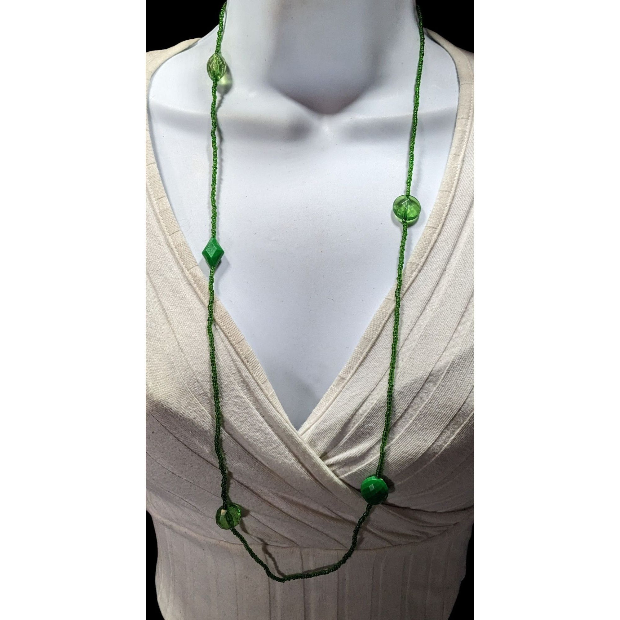 Handmade Long Green Beaded Necklace With Faceted & Smooth Beads Light Size ONE SIZE - 2 Thumbnail