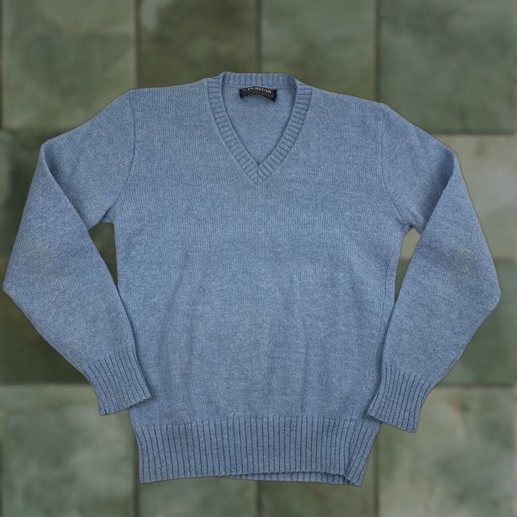 VINTAGE Puritan Sweater Men Adult Medium Blue Knit Pullover V-Neck Wool Blend 90s
