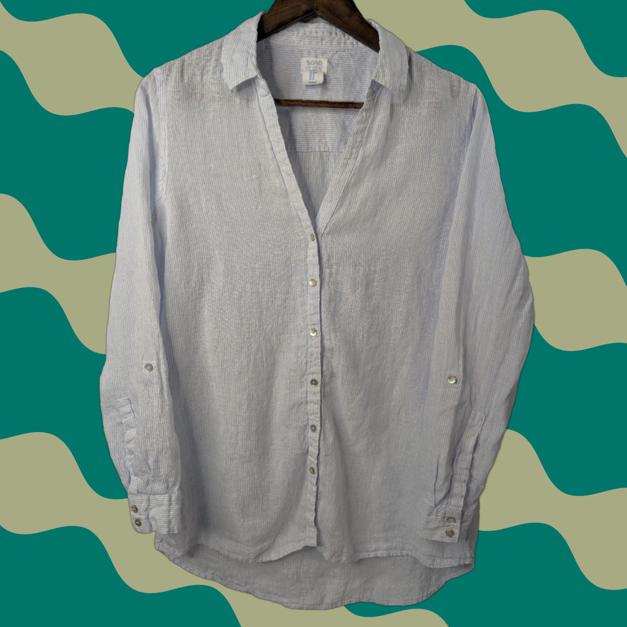 Vintage VINTAGE Sigrid Olsen 100% Linen Long Sleeve Coastal Strripe Button Up V-Neck Top Medium Size M / US 6-8 / IT 42-44 - 1 Thumbnail