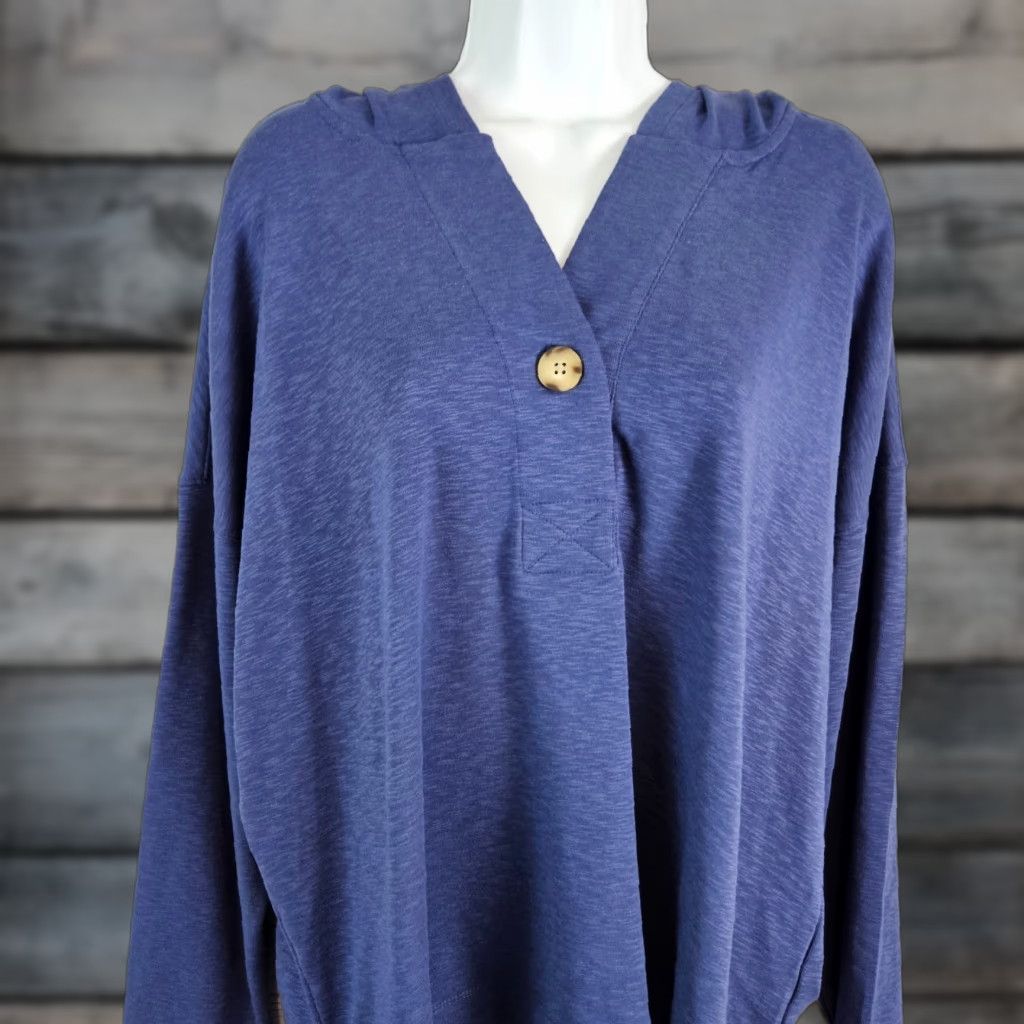 J. Jill J Jill Womens Hooded Pullover L Solid Blue Cotton Blend Long Sleeve Size L / US 10 / IT 46 - 1 Thumbnail