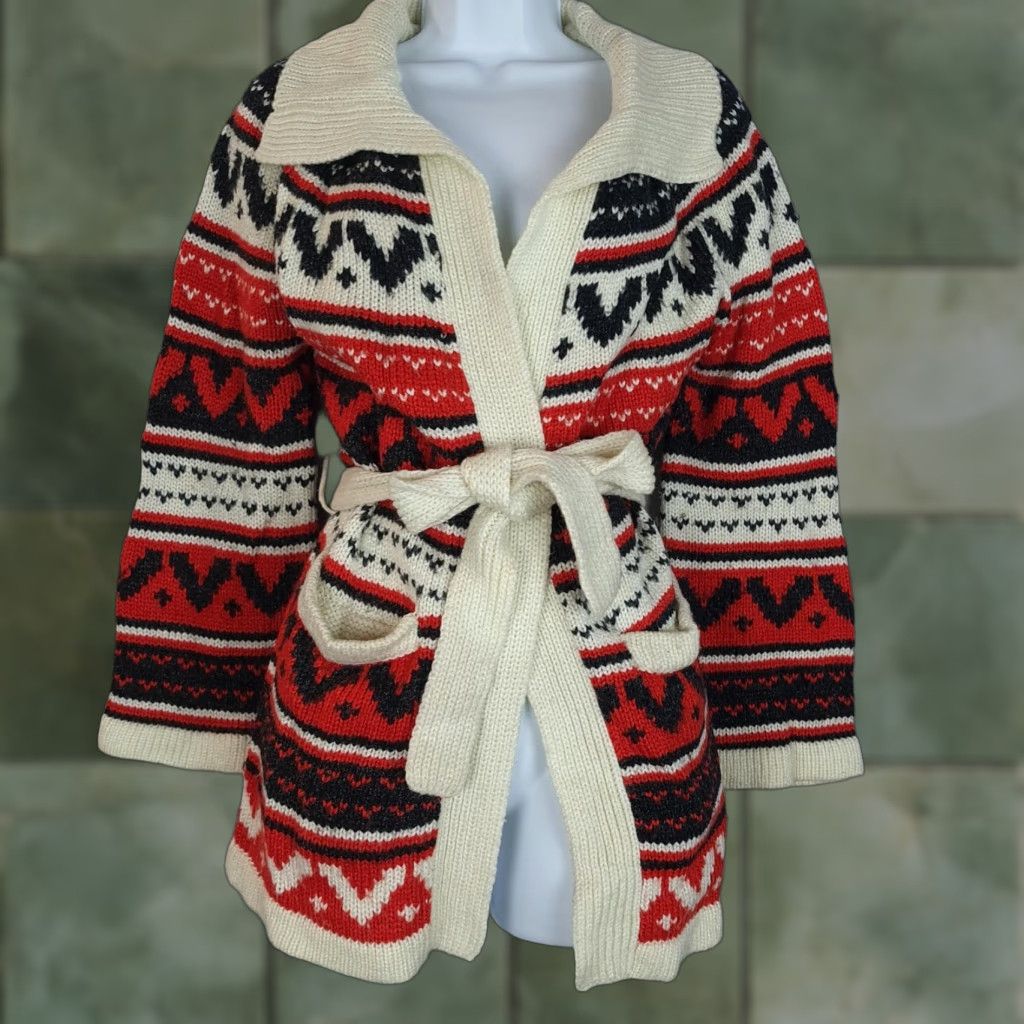 Vintage VINTAGE Cardigan Sweater Womens Large Belted Nordic Heart Collared 80s Fair Isle Knit Red Cream Size L / US 10 / IT 46 - 1 Thumbnail