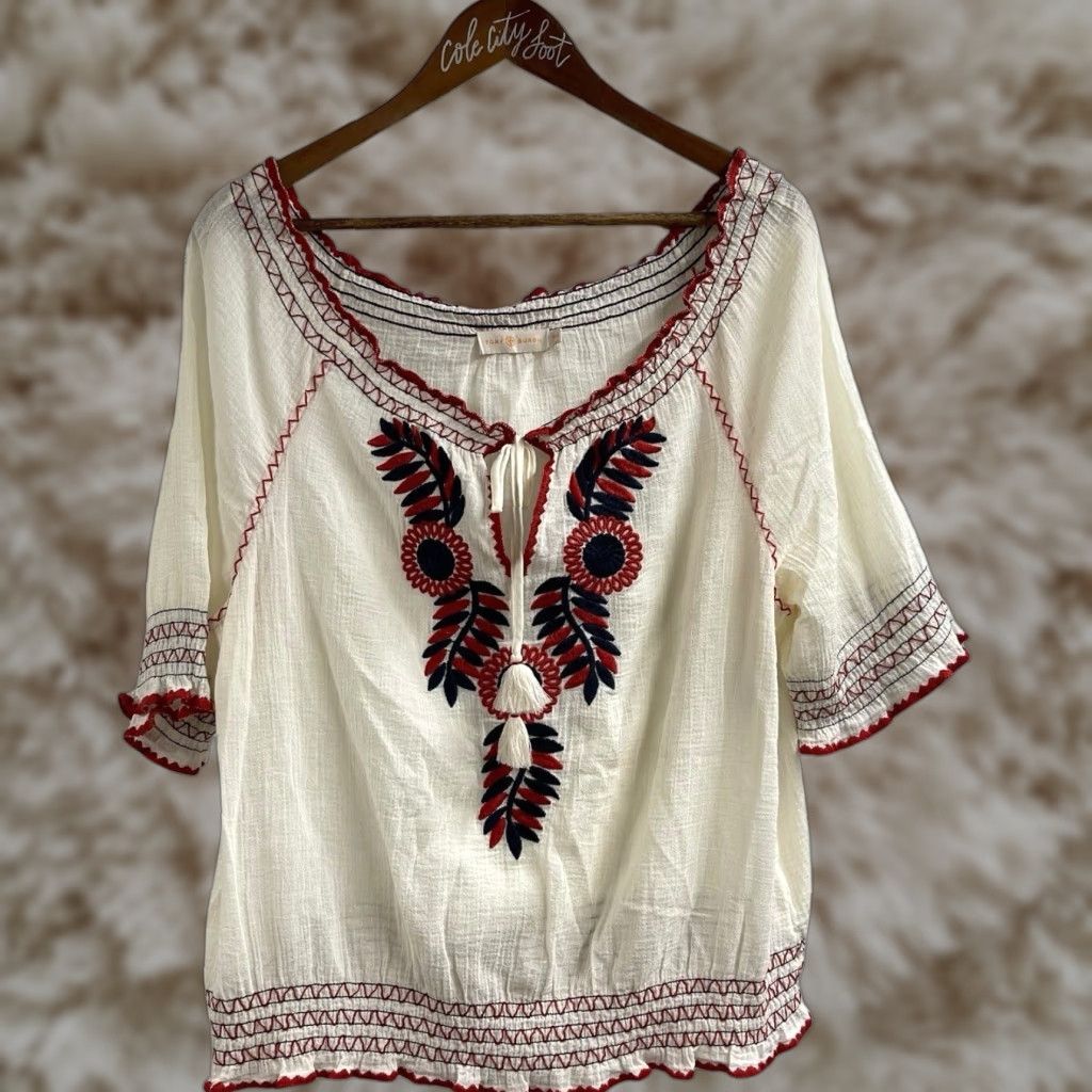 Tory Burch Blouse Short Sleeve Floral Ivory Red Blue Cotton 100% M Medium Womens Shirt Vintage No? in White