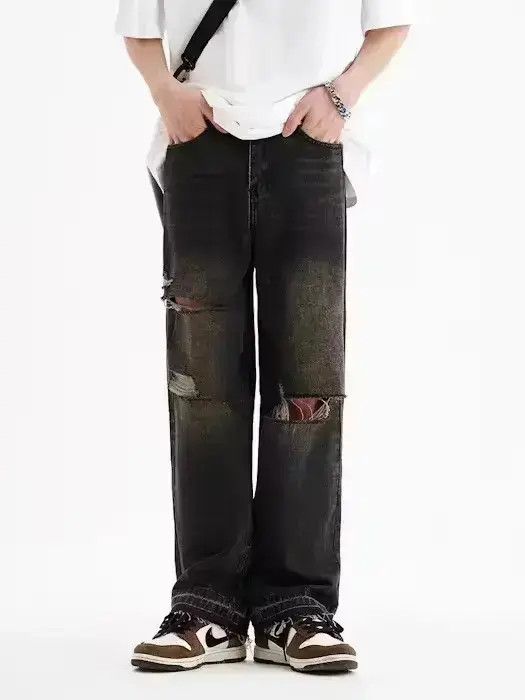 Japanese Brand Black distressed washed straight denim jeans Size US 34 / EU 50 - 1 Thumbnail