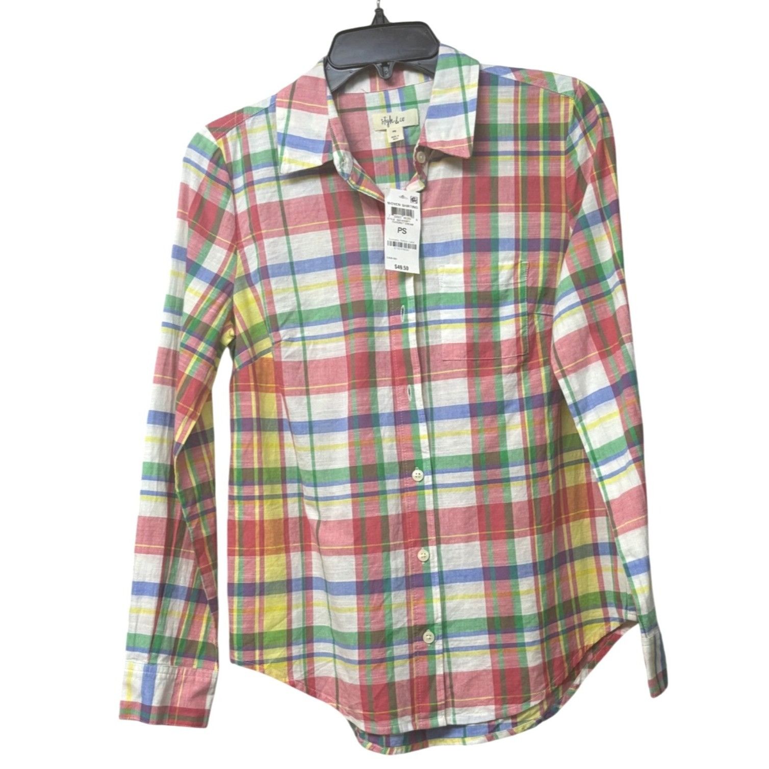 Style & Co Style & Co Petite Cotton Plaid Shirt, Coconut Cream, Sz. PS Size ONE SIZE - 9 Thumbnail