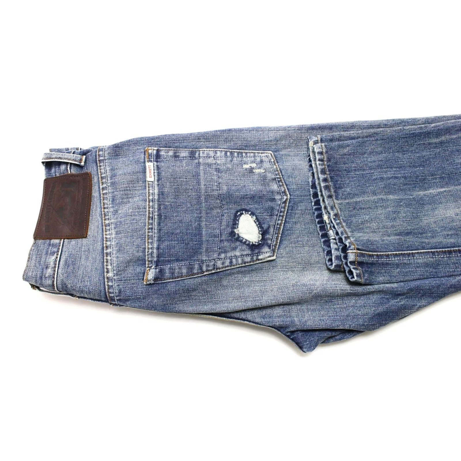 Emmett Emmett E D Gratton Patch 523 Jeans Men's W29/L32 Slim Distressed Whiskers Selvedge Blue Denim Casual Jeans Mens Size US 29 - 6 Thumbnail