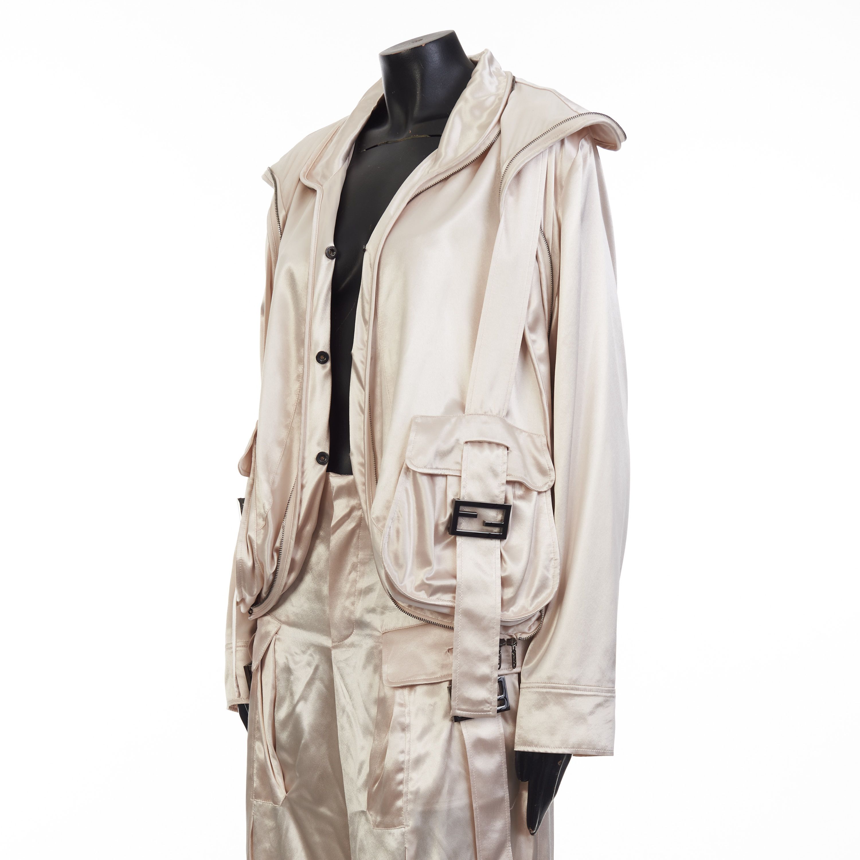 Fendi Beige Satin Blouson Jacket - Snap Closure, Metal FF Buckle Size M / US 6-8 / IT 42-44 - 11 Thumbnail