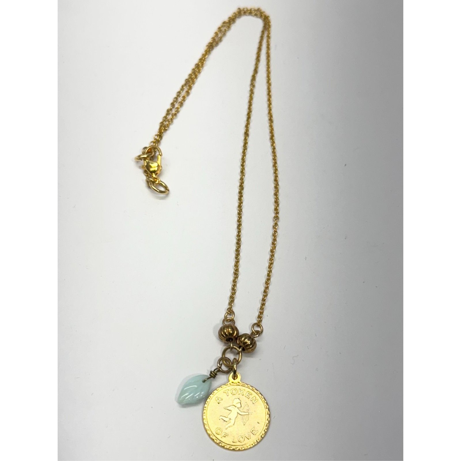 Vintage Vintage token of love blue glass leaf charm necklace Size ONE SIZE - 1 Thumbnail