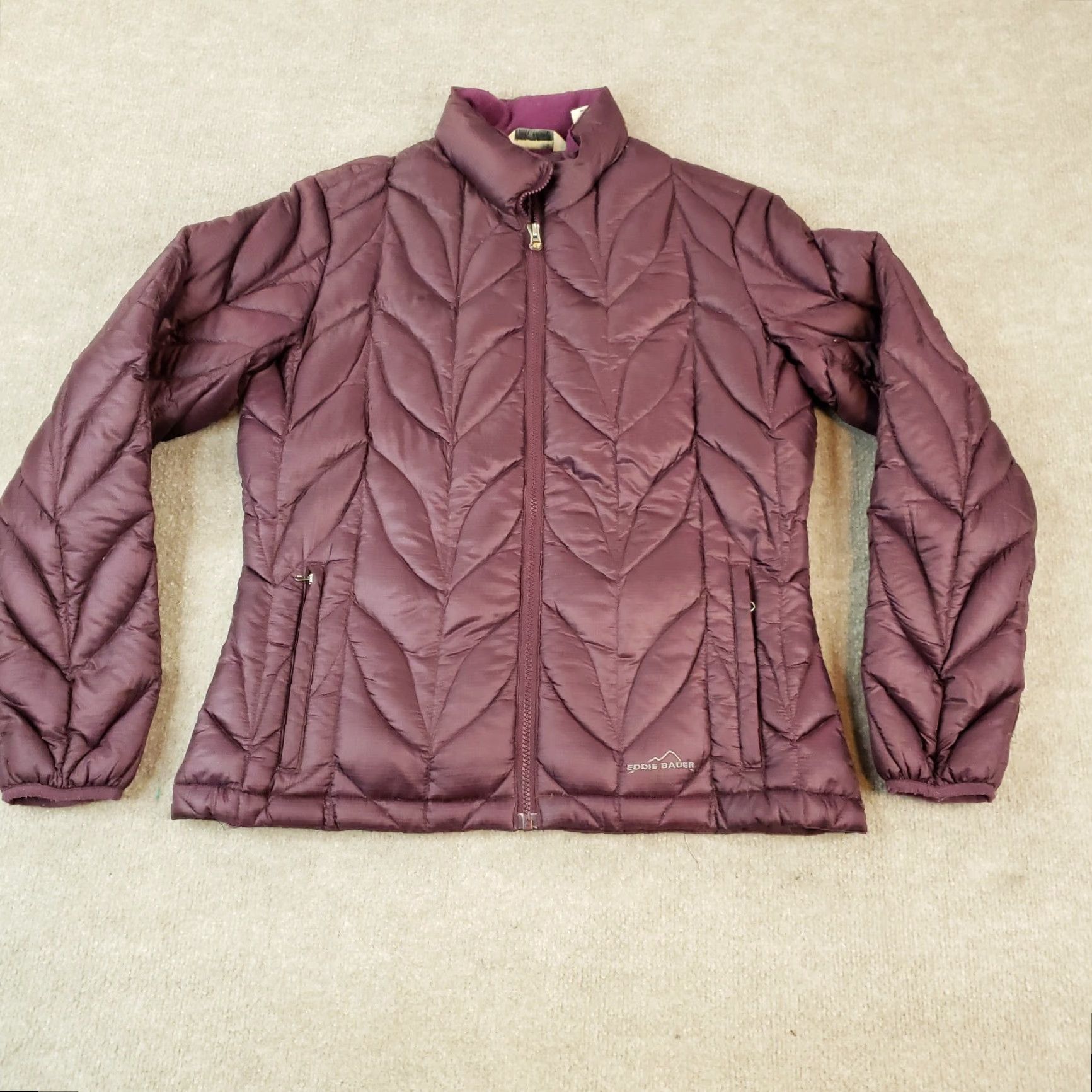 Eddie Bauer Jacket Women Medium Purple Down Puffer Full Zip Mock Neck Winter 700