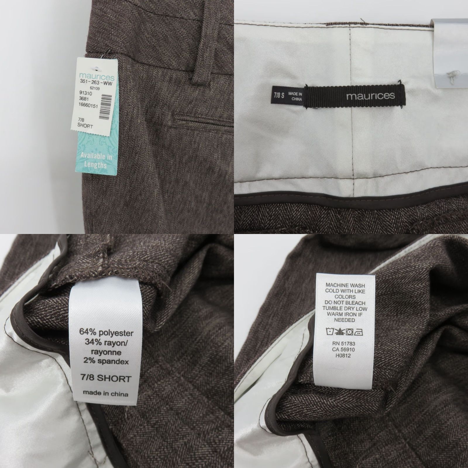 Maurices Junior's 7 Short 7S Brown Heathered Dress Pants - Flat Front, Button Zip, New, Women, Regular, Size 7, Brown