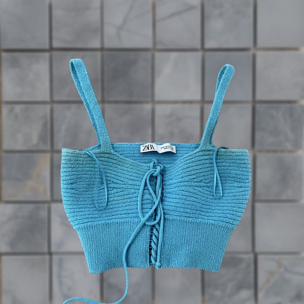 Zara Zara Womens Medium Blue Knit Cami Crop Tank Top Strappy Stretch Ribbed Lace Up Size M / US 6-8 / IT 42-44 - 1 Thumbnail