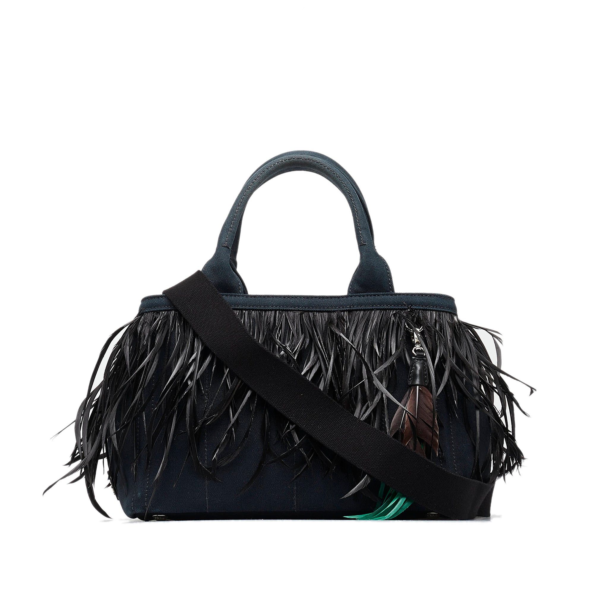 image of Prada Mini Canapa Convertible Canvas And Feather Tote Satchel in Black, Women's