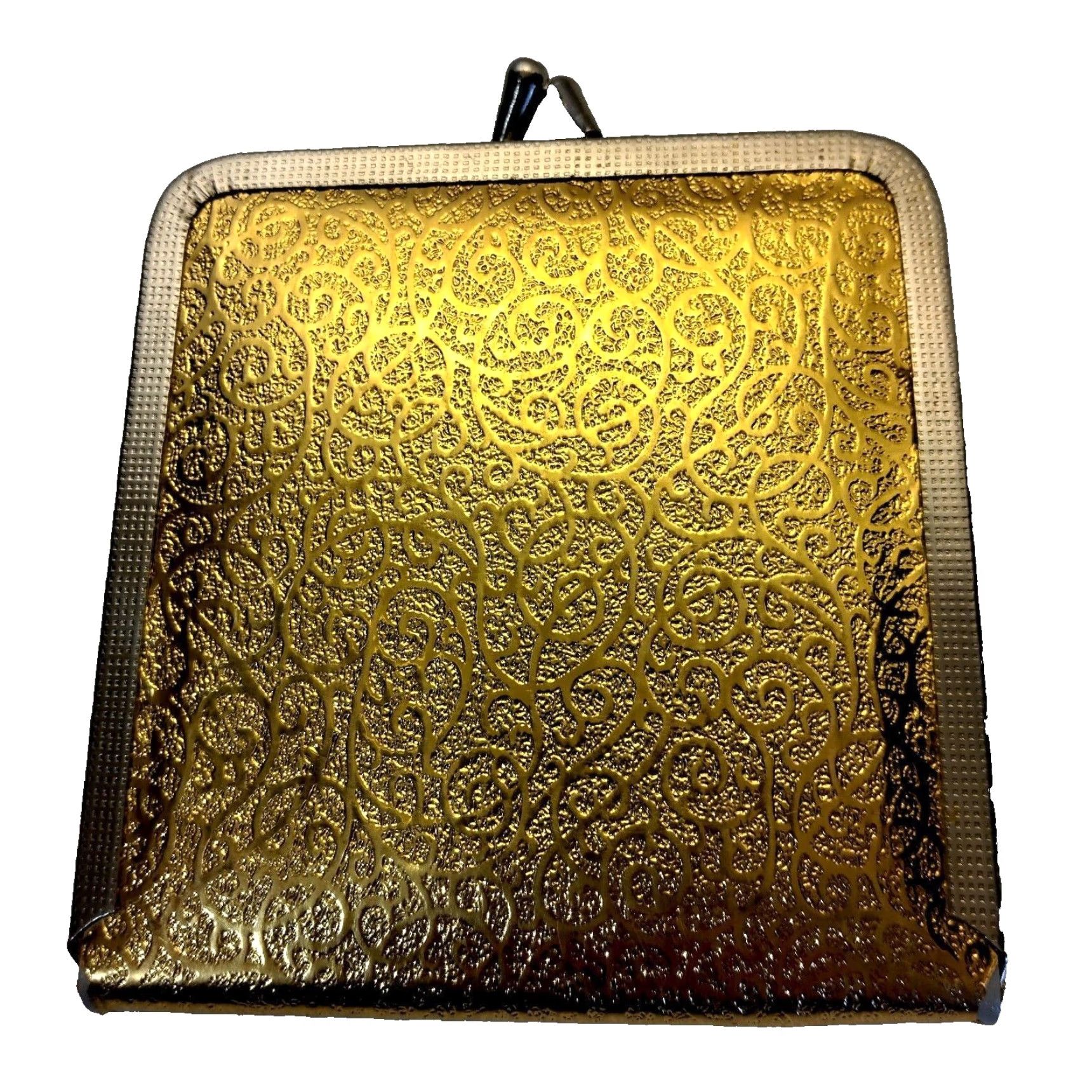 Vintage VINTAGE Mod Purse Mirror Gold Lame Swirl Kiss Lock Double Sided Compact READ Purse Mirror Women Gold 4 5/8" 4" Vintage Mod MCM style fashion Size ONE SIZE - 2 Thumbnail