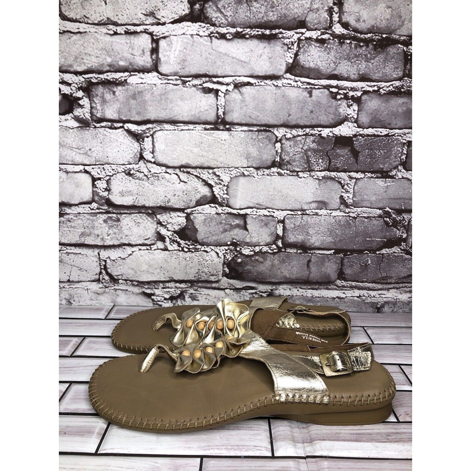 LITTLE AFRICA Soul of Africa Brown Leather Flower Ruffle Slingback Sandals Size US 11 / IT 41 - 1 Thumbnail
