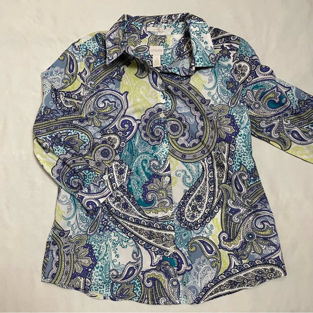 Chicos Chico's Effortless Beatrice Paisley No-Iron Cotton Shirt Si Size M / US 6-8 / IT 42-44 - 6 Thumbnail