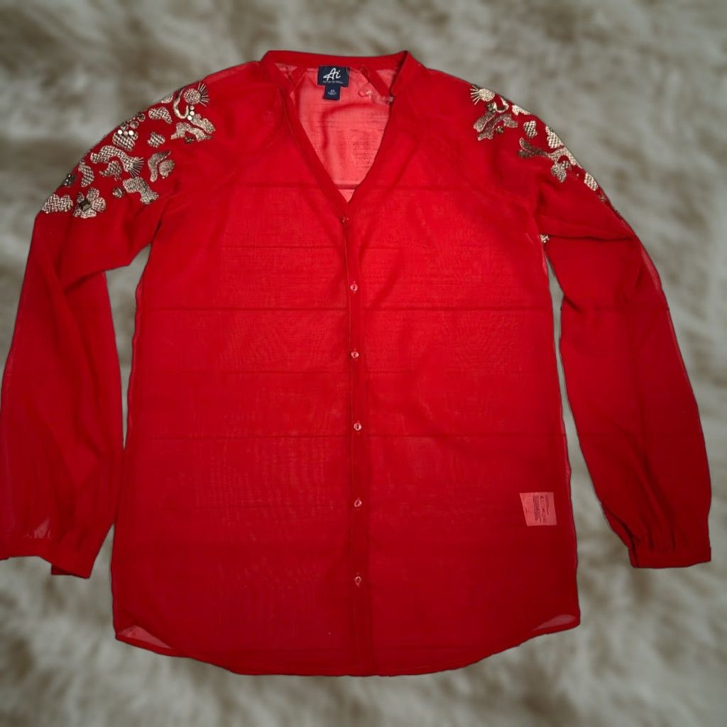 Vintage Authentic Icon Button-Up Shirt XS Red Women Embroidered Sheer Peasant Long Sleeve Size XS / US 0-2 / IT 36-38 - 1 Thumbnail
