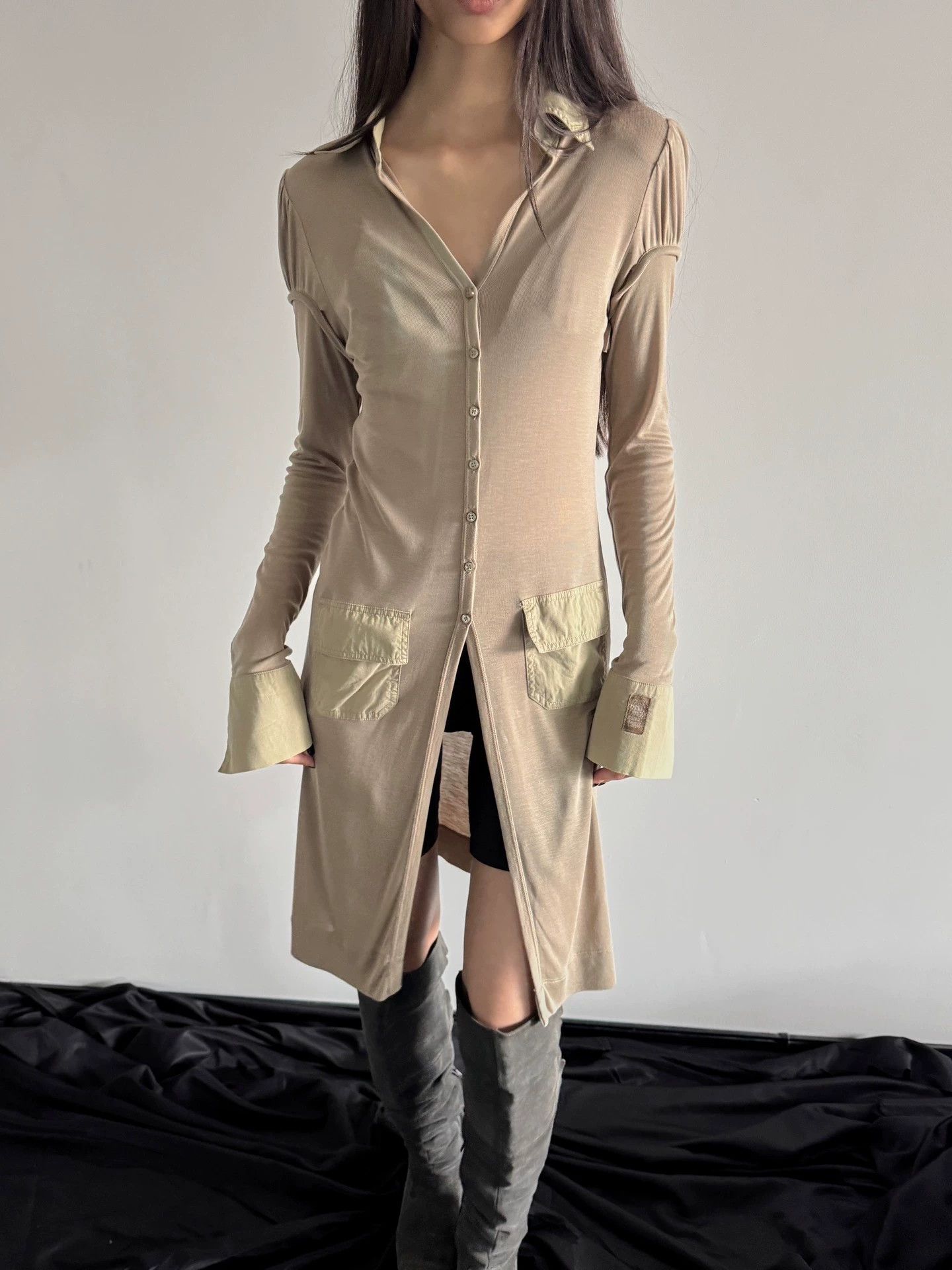 Vintage French Brand Stretch Drape Slim Long Shirt Jacket Size XS / US 0-2 / IT 36-38 - 6 Thumbnail