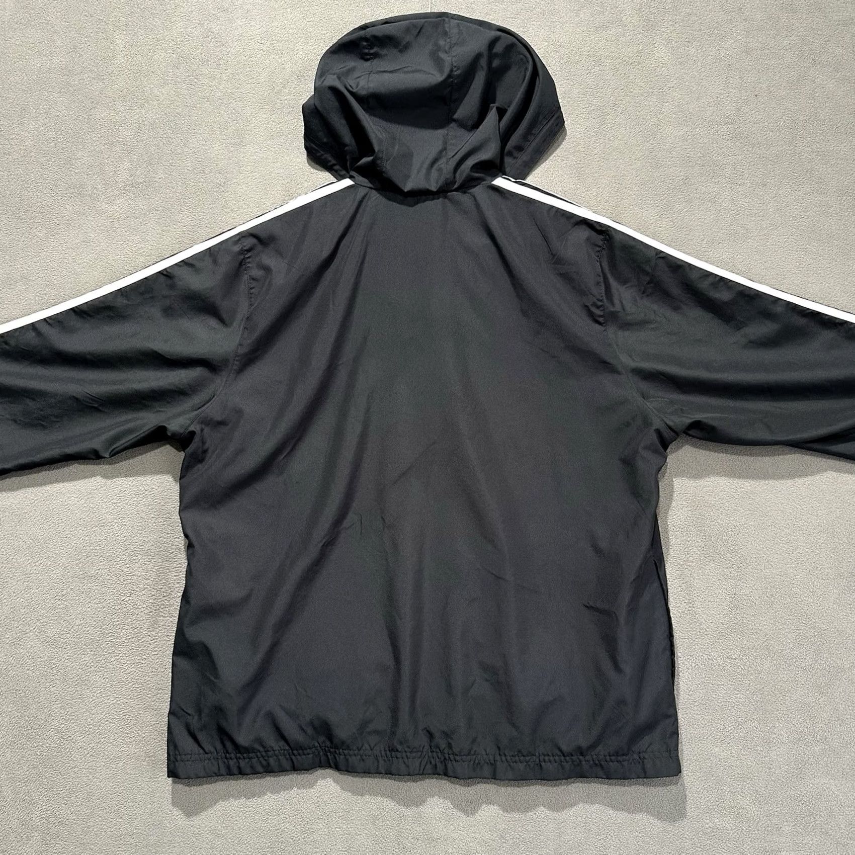 Adidas Adidas Jacket XL Black Hooded Windbreaker Full Zip White Three Stripes EUC Mens Size US XL / EU 56 / 4 - 2 Thumbnail