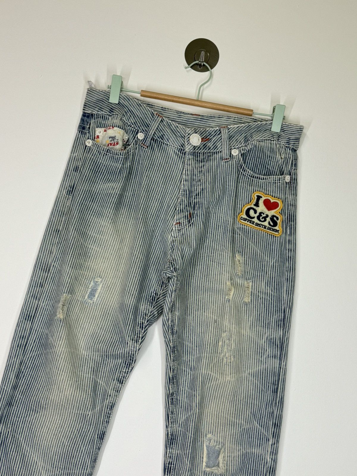 Hysteric Glamour × Japanese Brand Distressed Striped Patches i ❤️ Copper Smith Denim Jeans Size US 31 - 5 Thumbnail