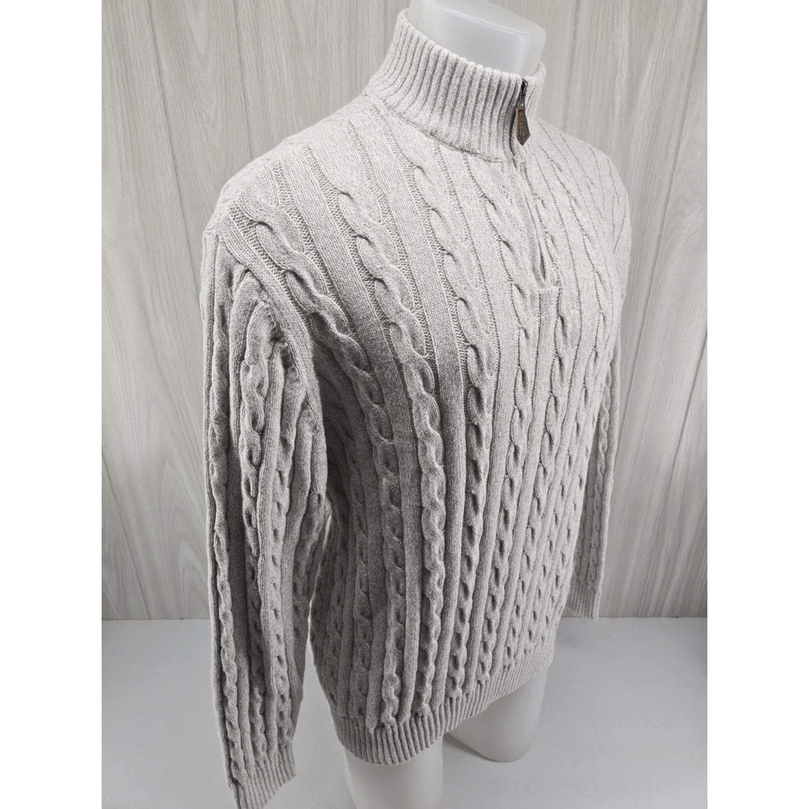 Chaps Chaps Sweater Men's XL 1/4 Zip Cable Knit Khaki Cream Wool Blend Mock Neck Pullover Vintage: No Size US XL / EU 56 / 4 - 7 Thumbnail