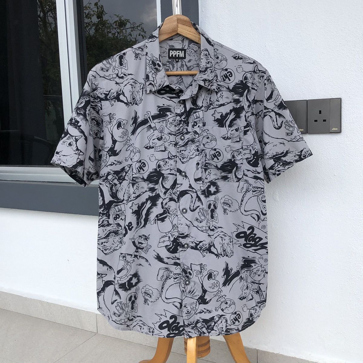 PPFM PPFM Mens Grey & Black All Over Printed Short Sleeve Shirt Size US M / EU 48-50 / 2 - 10 Thumbnail