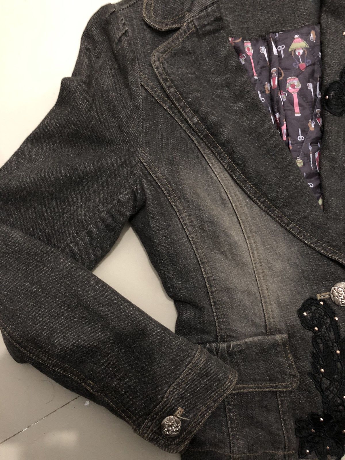 14th Addiction Vintage Black Denim Blazer Jacket with Floral Embroidery Size S / US 4 / IT 40 - 3 Thumbnail