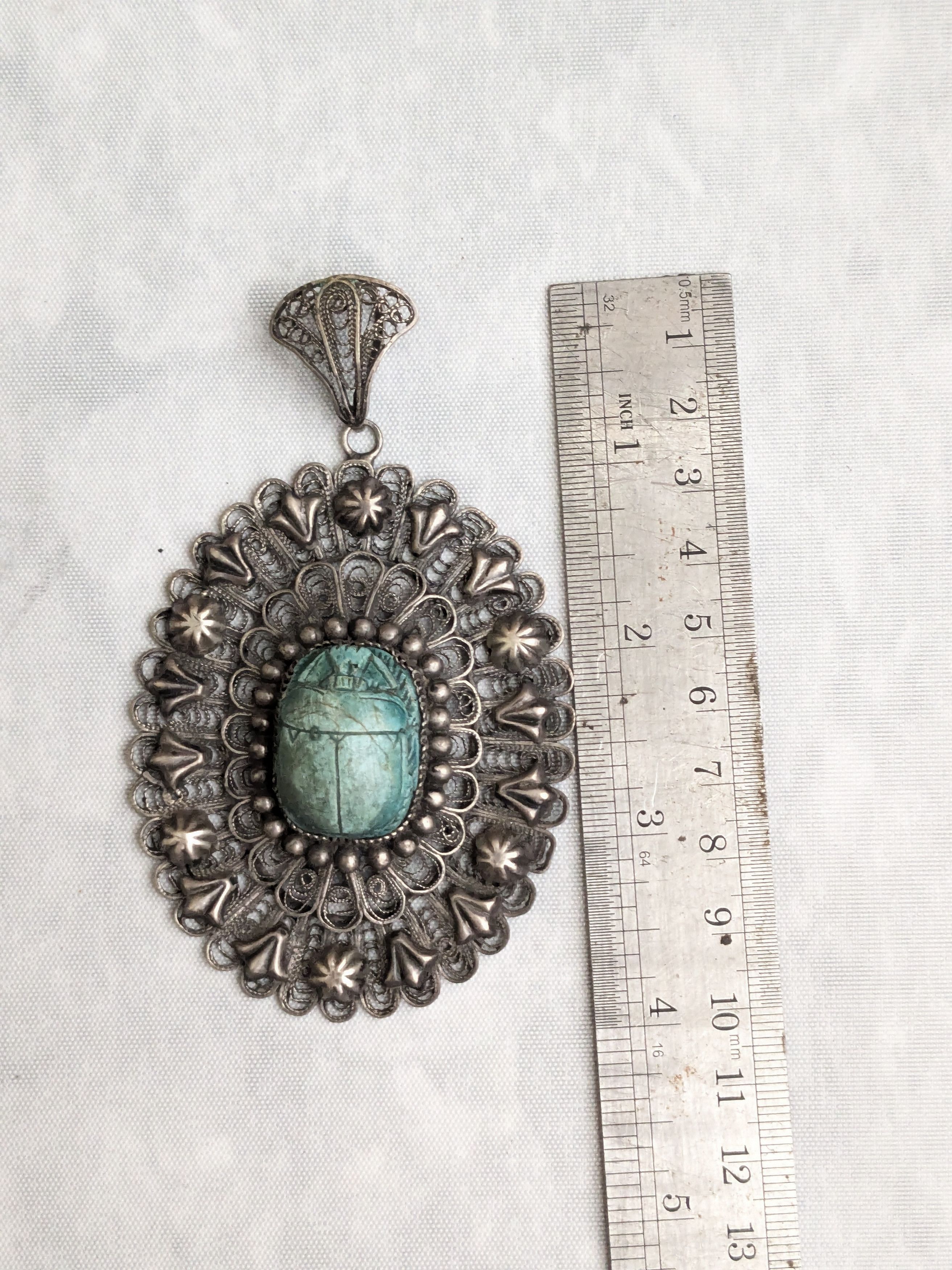 Jewelry Egyptian Silver Scarab Pendant Filigree Faience Blue Oval Size ONE SIZE - 15 Thumbnail