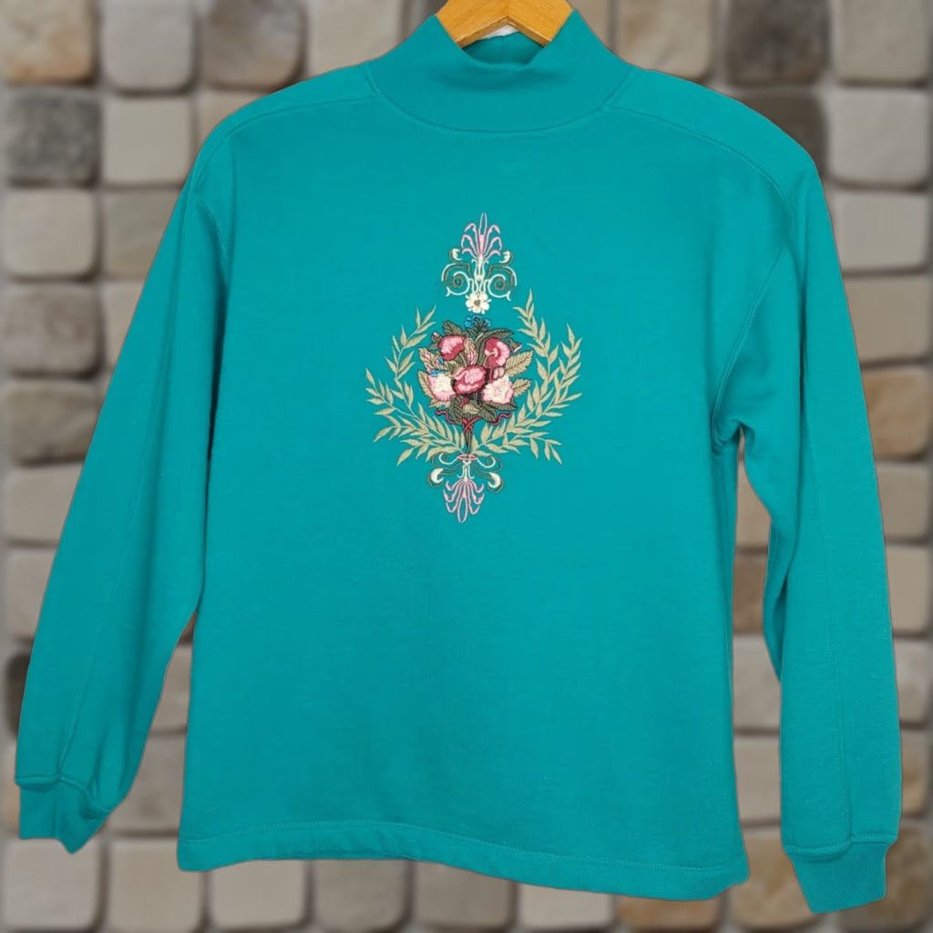 Vintage VINTAGE Sweatshirt Women S Embroidered Floral Cottagecore Turquoise Mock Neck Size S / US 4 / IT 40 - 1 Thumbnail