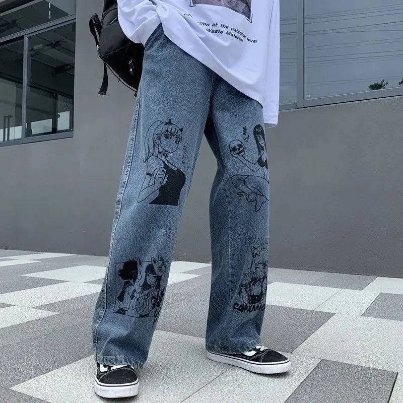 Japanese Brand Unisex jeans graffiti print Korean American hip-hop style Size US 32 / EU 48 - 2 Thumbnail